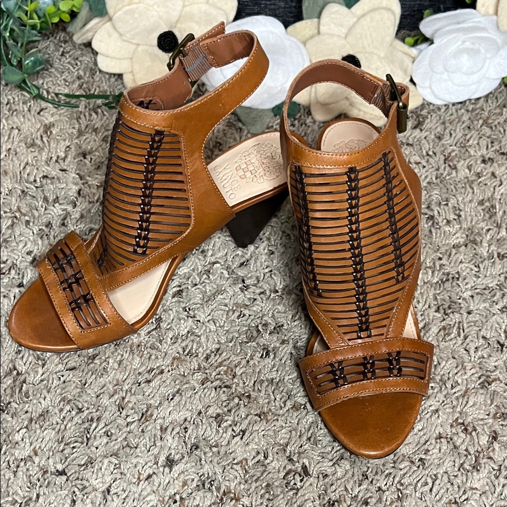 Vince Camuto brown ankle strap sandals with block heel moccasin inspired design